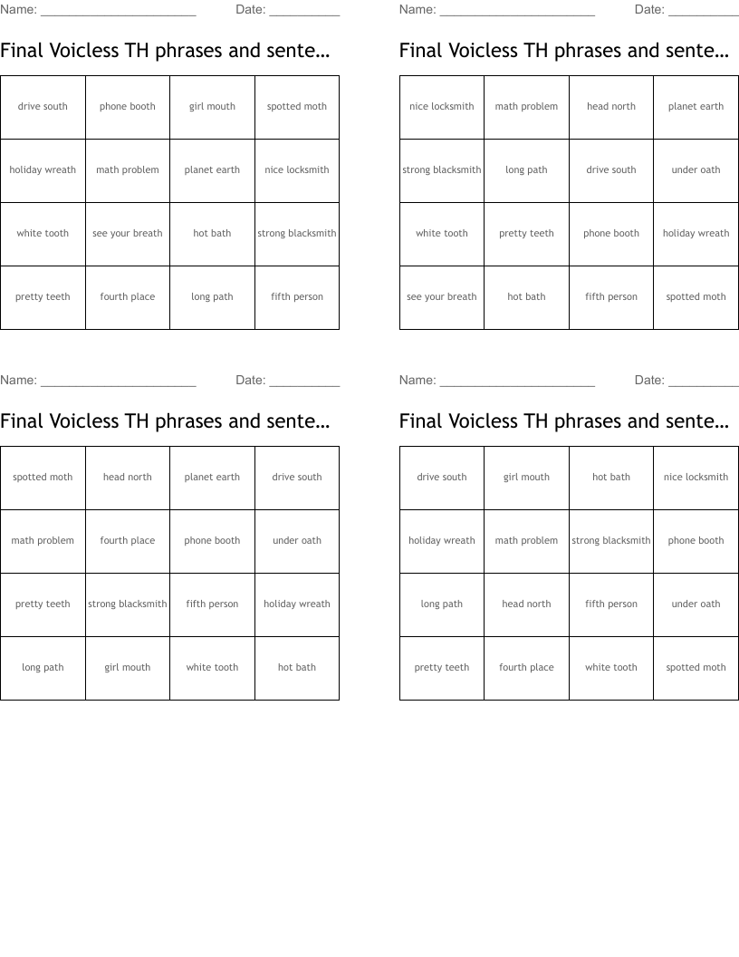 Final Voicless TH phrases and sentences Bingo Cards