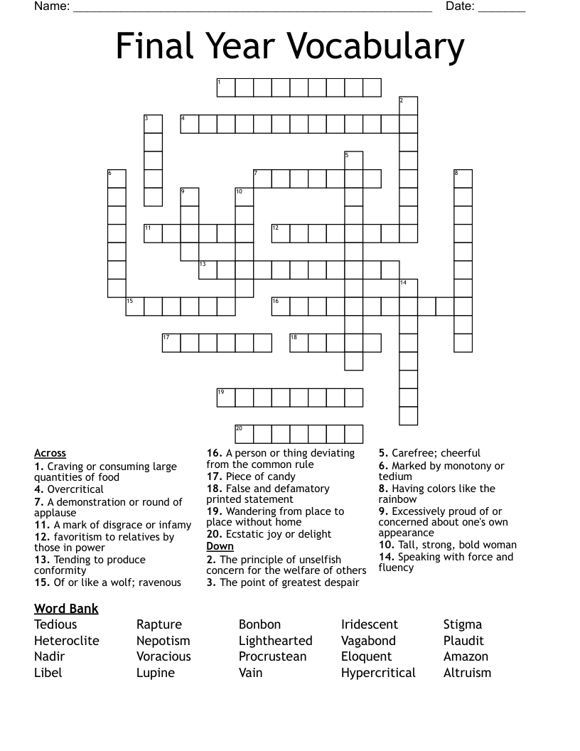 Final Year Vocabulary Crossword
