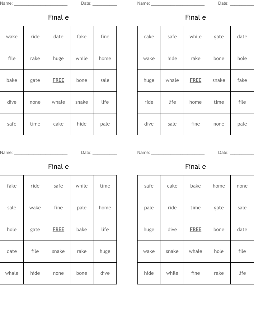 Final e Bingo Cards