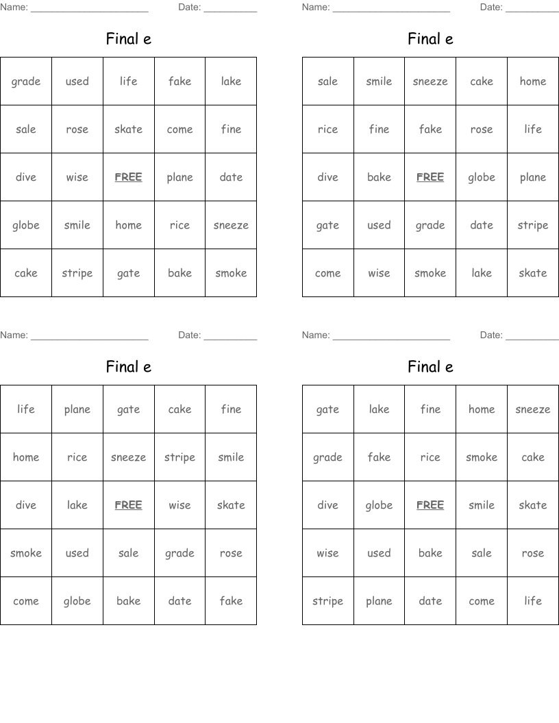 Final e Bingo Cards