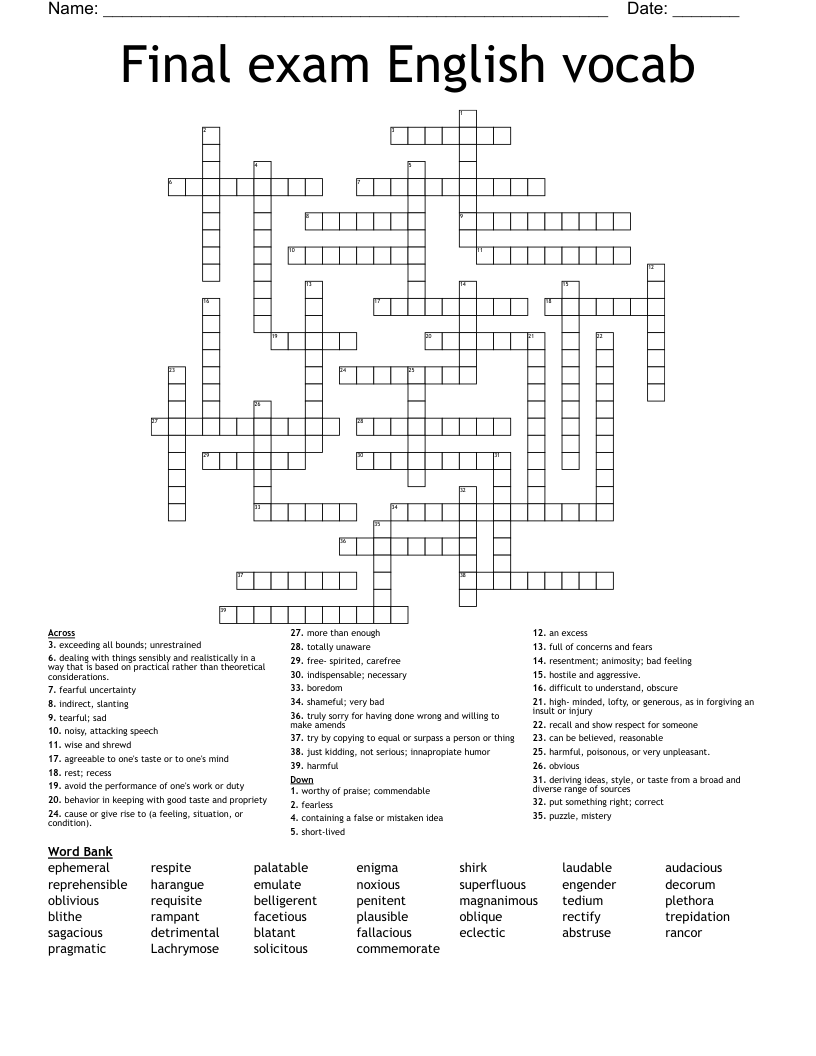 Final exam English vocab Crossword