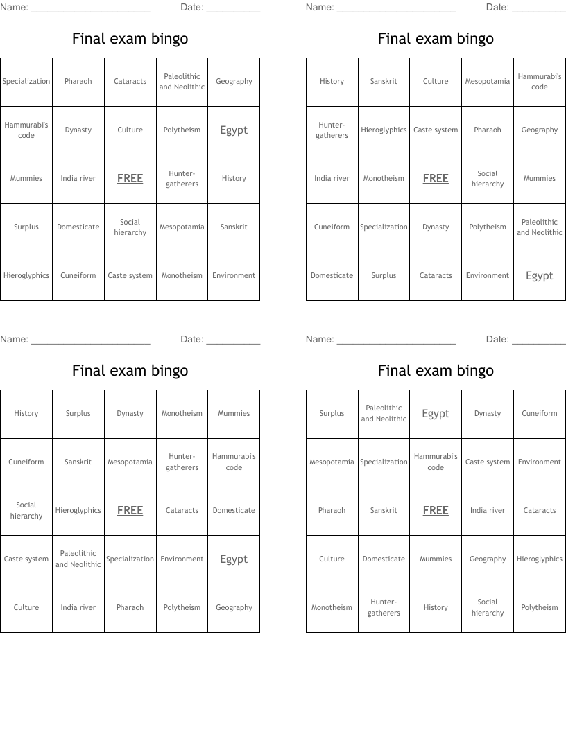 Final exam bingo