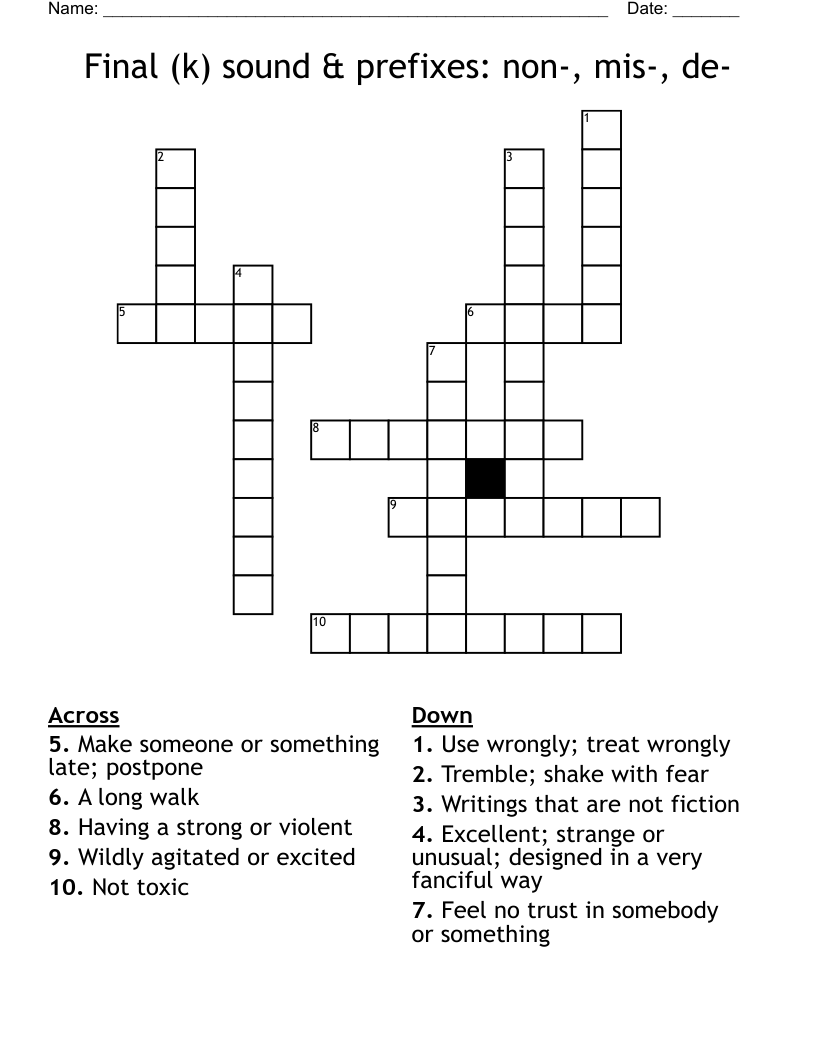 Final (k) sound & prefixes: non-, mis-, de- Crossword