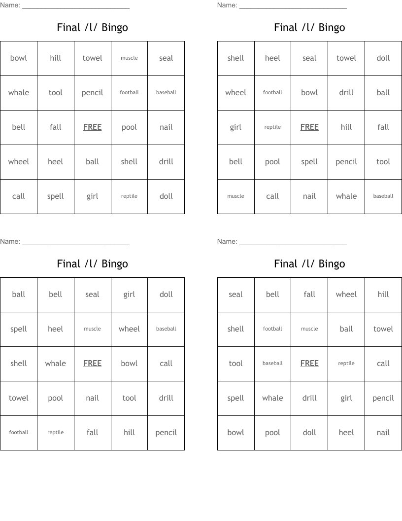 Final /l/ Bingo