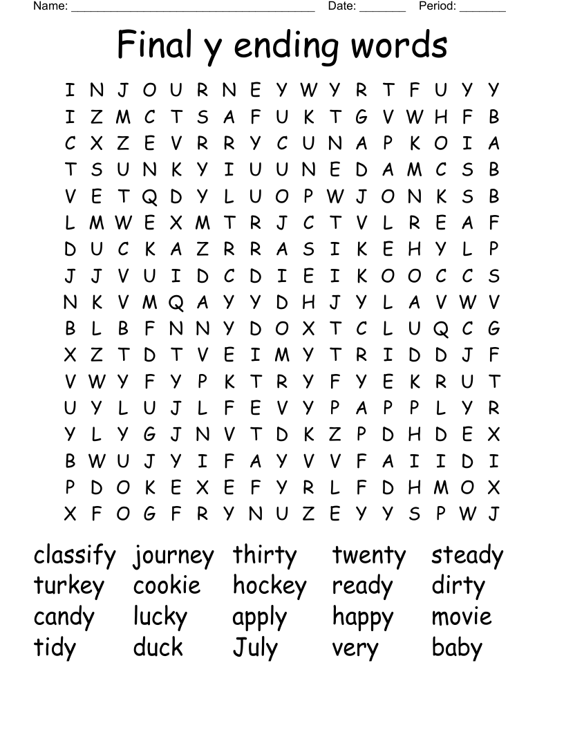 Final y ending words Word Search
