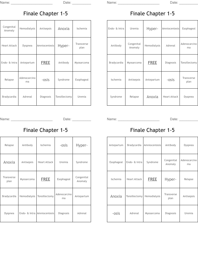Finale Chapter 1-5 Bingo Cards