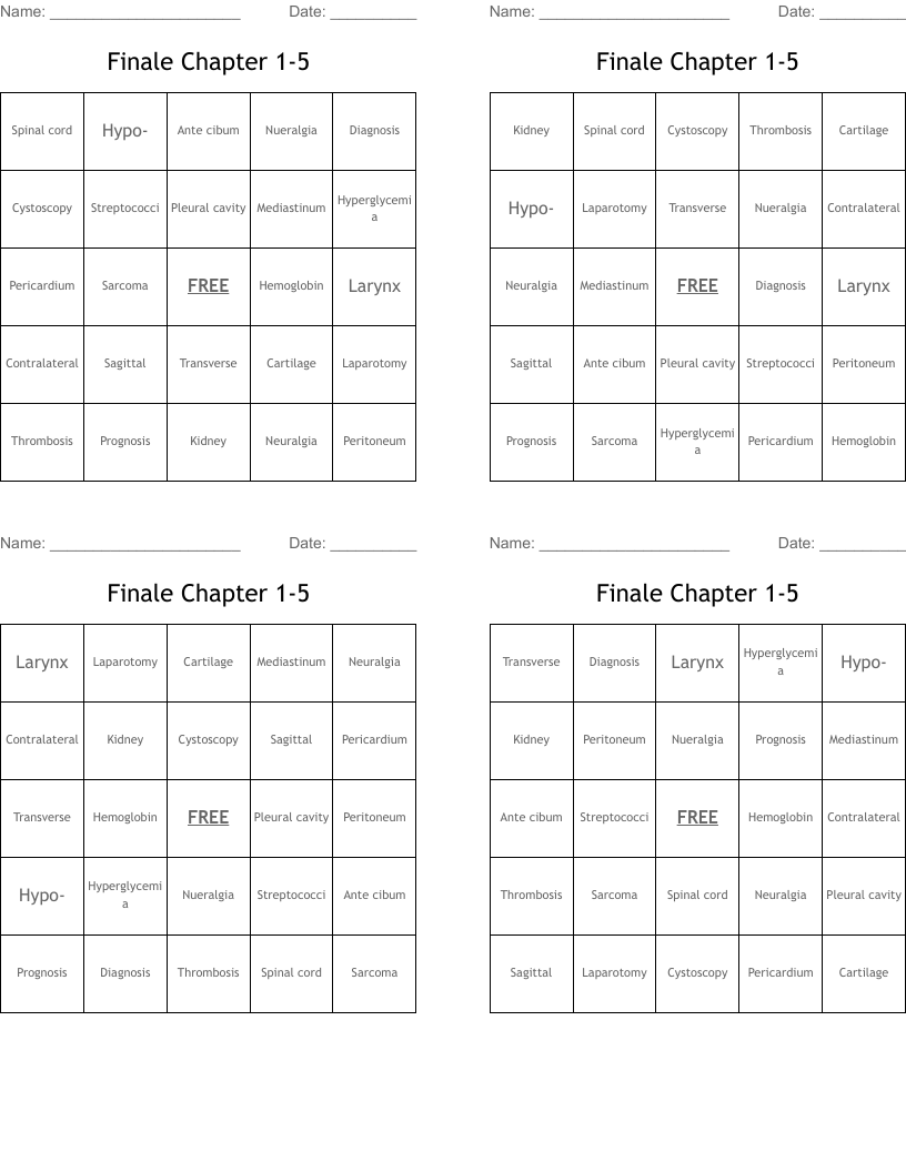 Finale Chapter 1-5  Bingo Cards