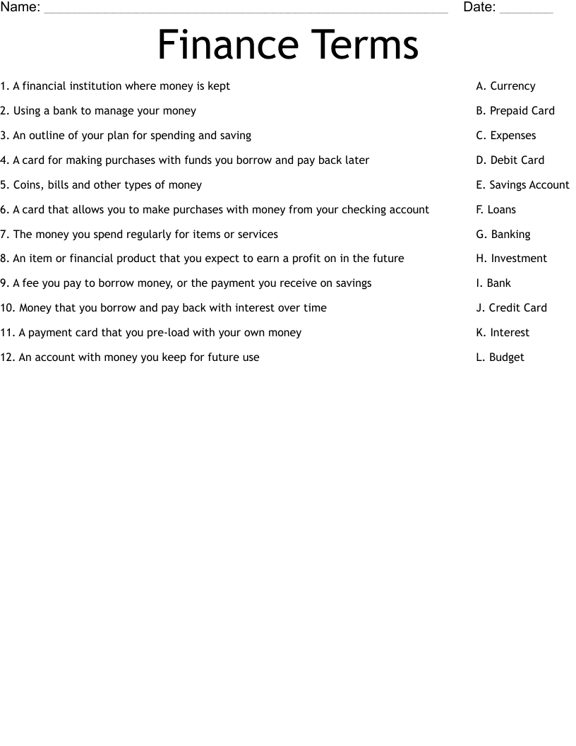Finance Terms Worksheet