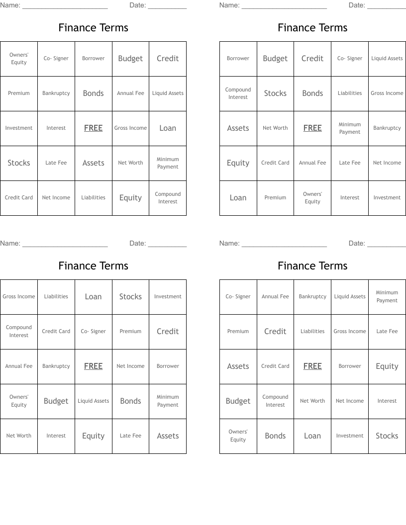 Finance Terms Bingo Cards