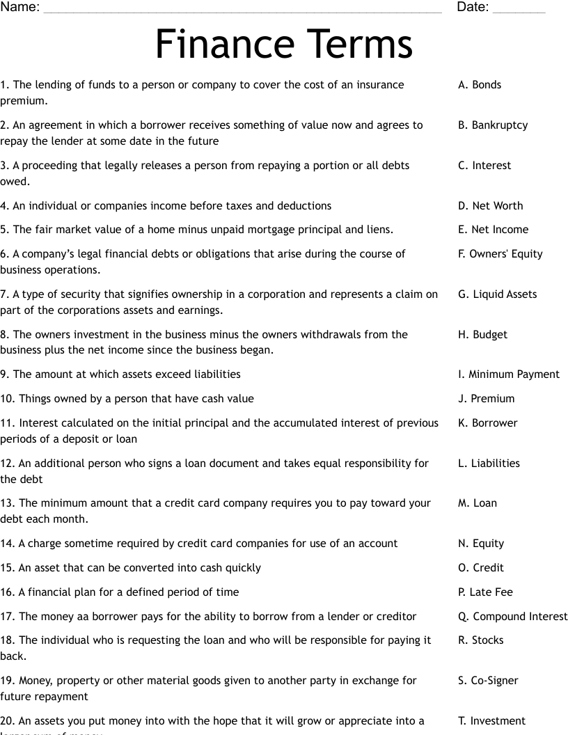 Finance Terms Worksheet