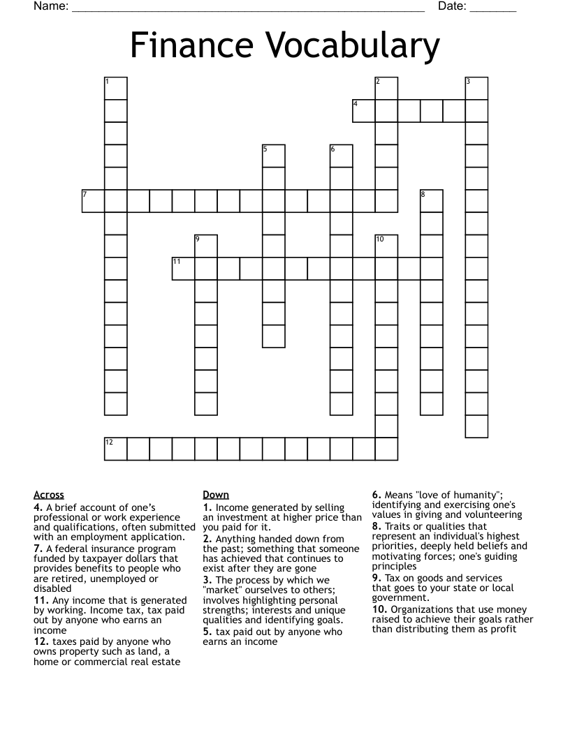 Finance Vocabulary Crossword