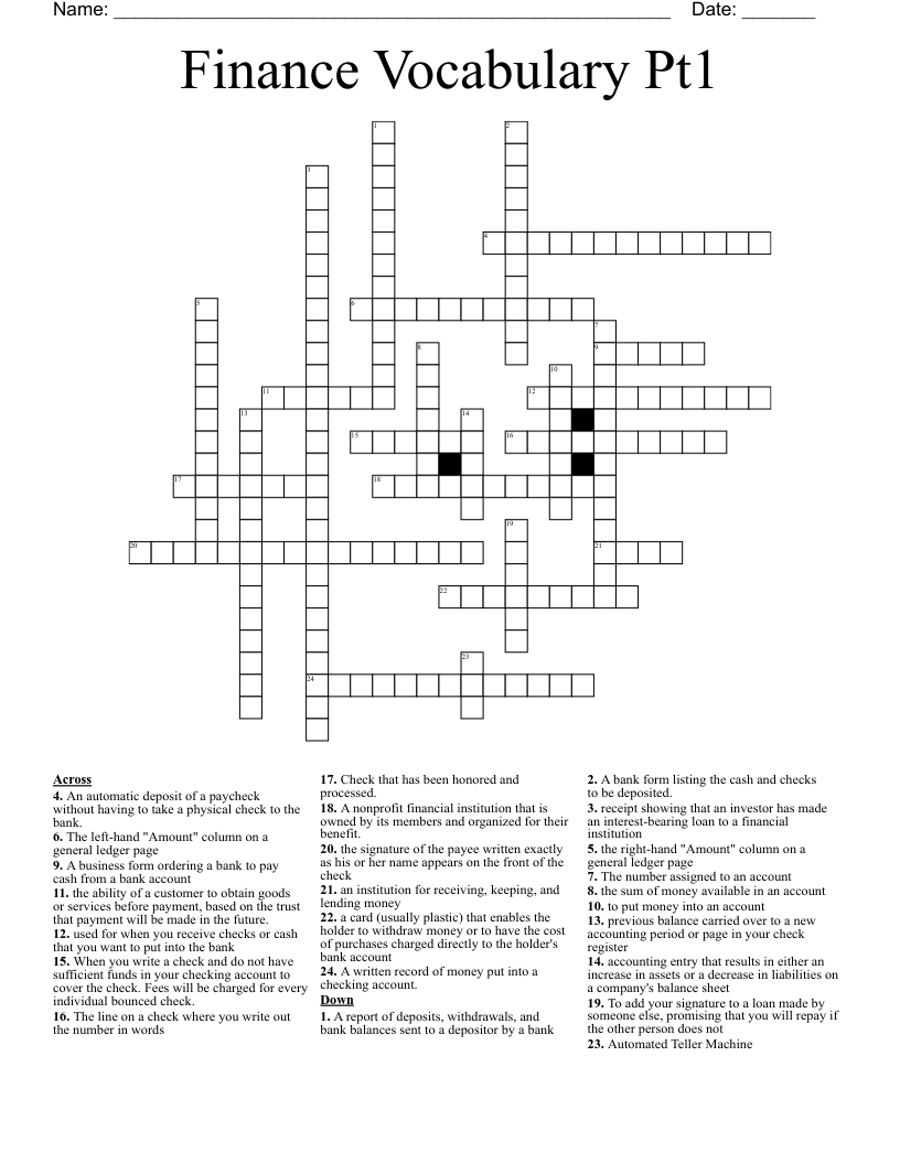 Finance Vocabulary Pt1 Crossword