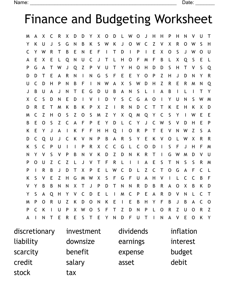 Finance and Budgeting Worksheet Word Search