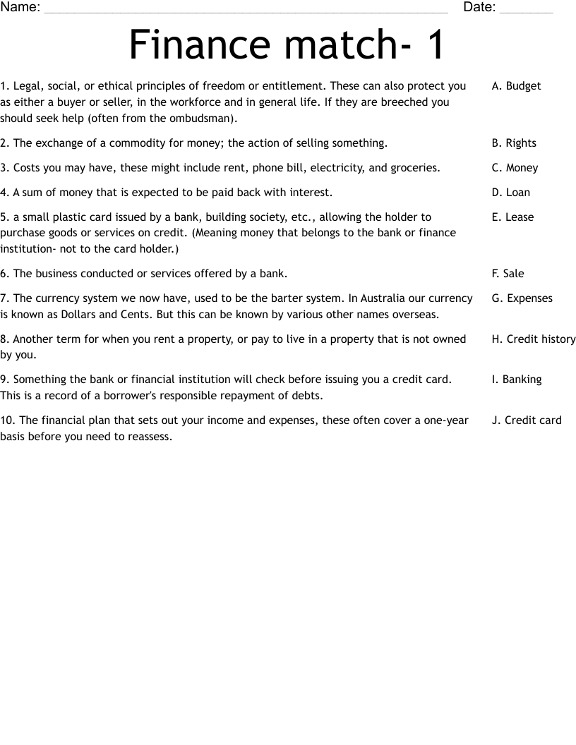 Finance match- 1 Worksheet