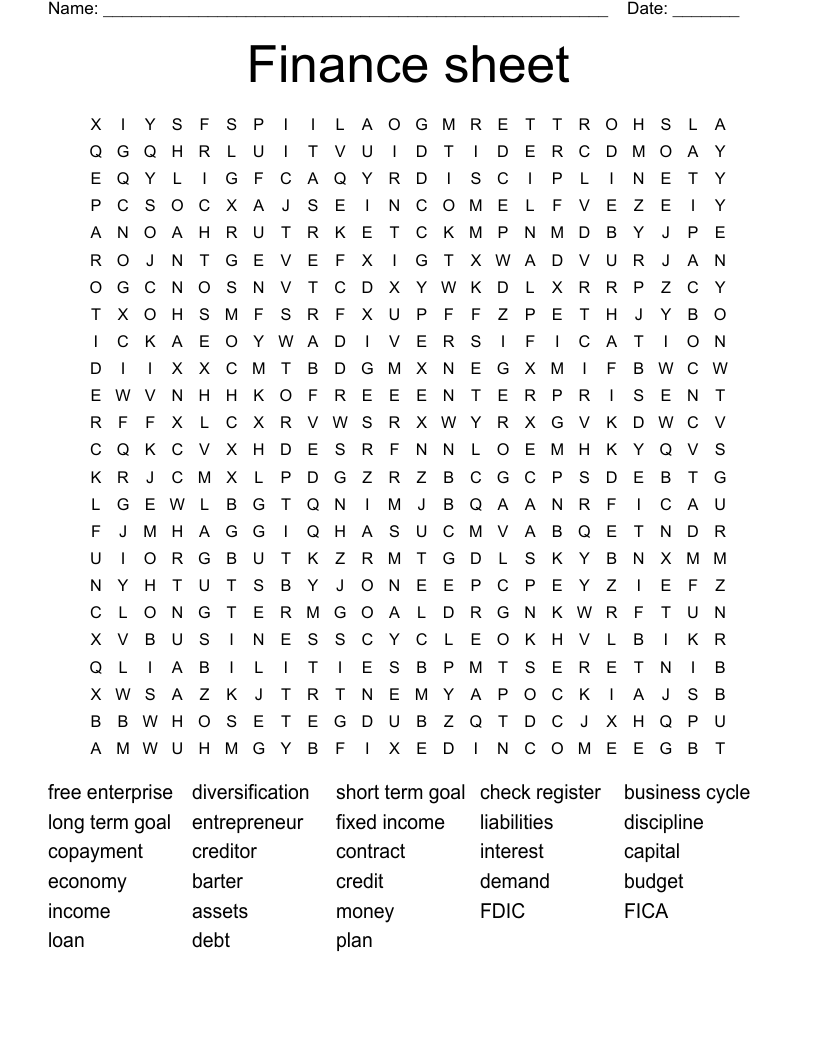 Finance sheet  Word Search