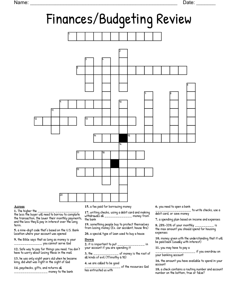 Finances/Budgeting Review Crossword