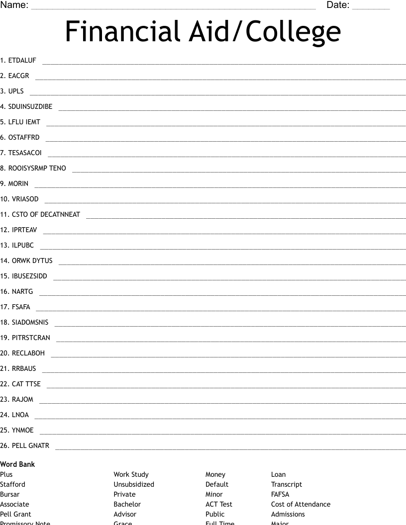 Financial Aid/College Word Scramble