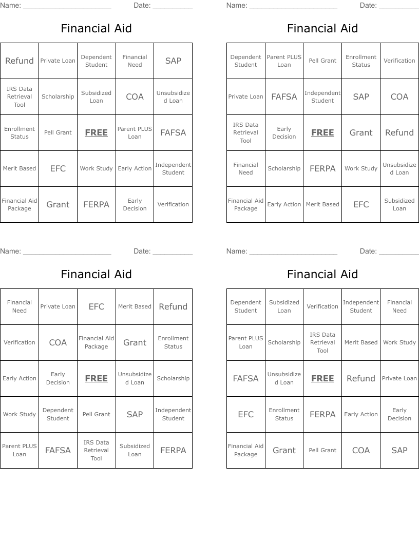 Financial Aid Bingo Cards