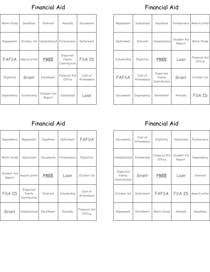 Financial Aid Bingo Cards
