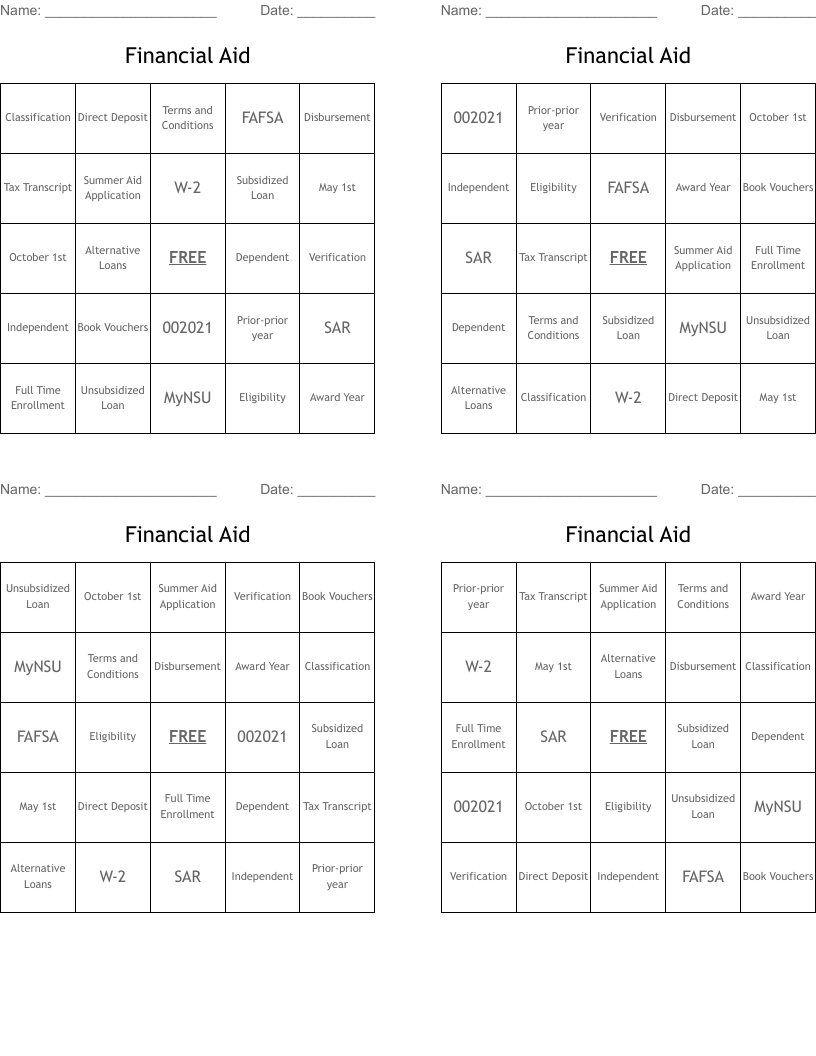 Financial Aid Bingo Cards