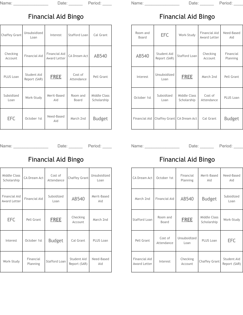 Financial Aid Bingo