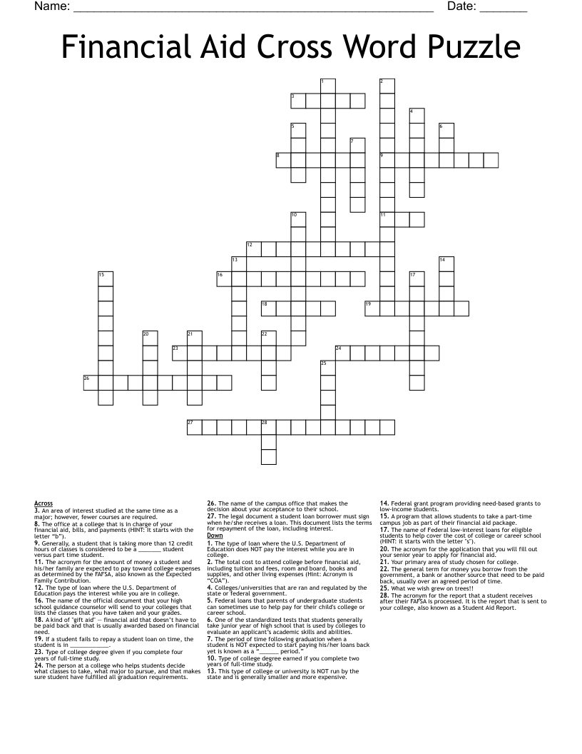 Financial Aid Cross Word Puzzle
