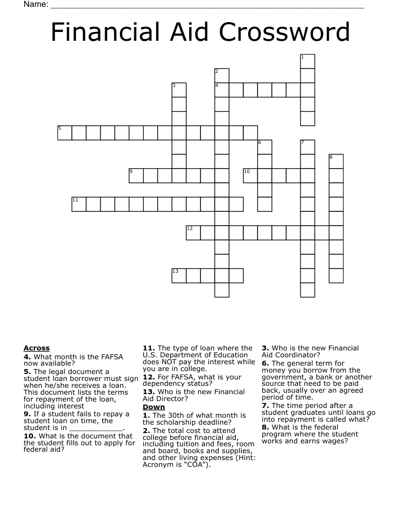 Financial Aid Crossword