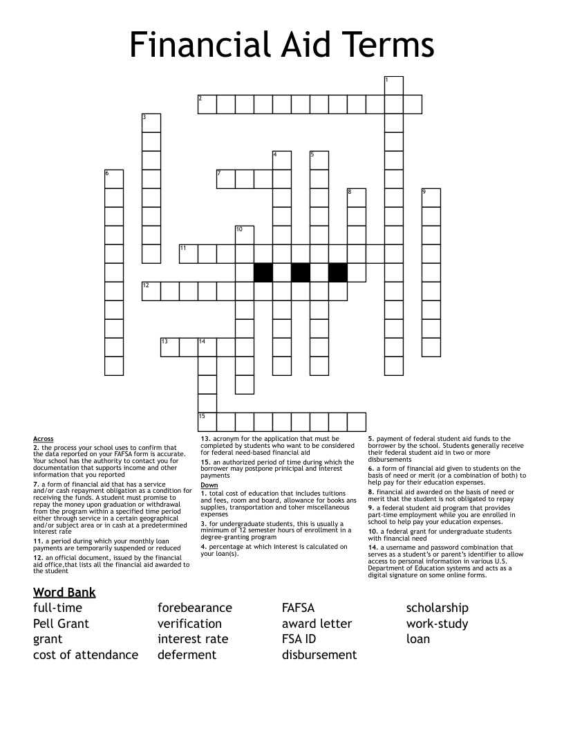Financial Aid Terms Crossword