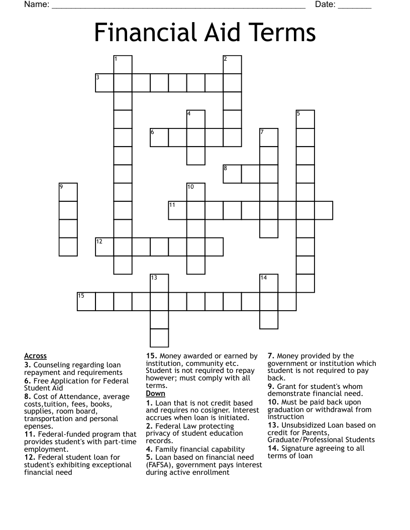 Financial Aid Terms Crossword
