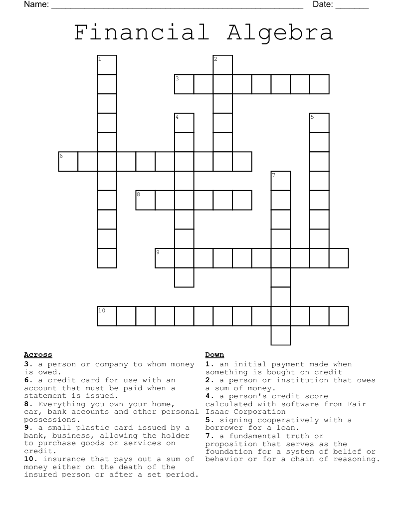 Financial Algebra Crossword