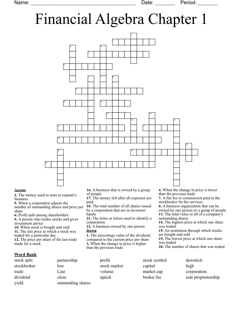 Financial Algebra Chapter 1 Crossword