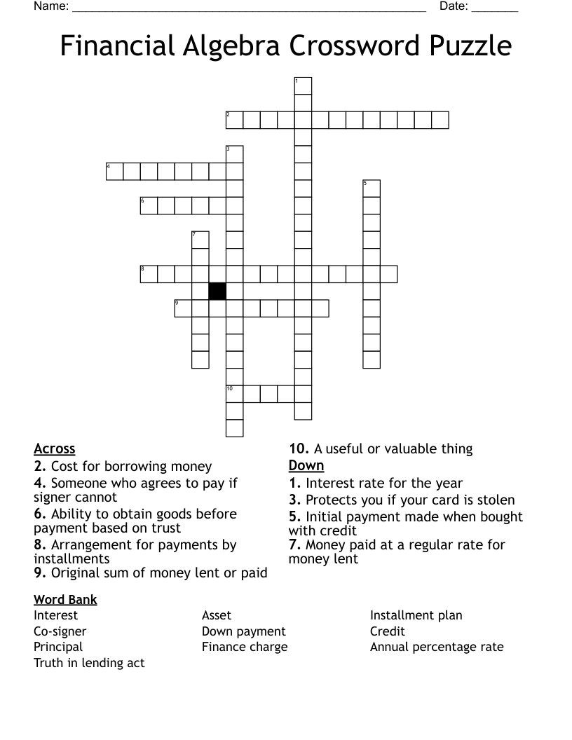 Financial Algebra Crossword Puzzle