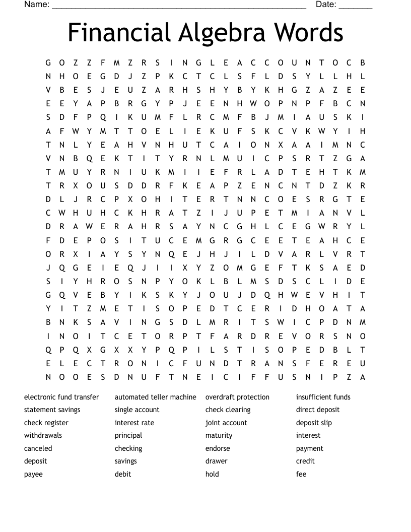 Financial Algebra Words Word Search