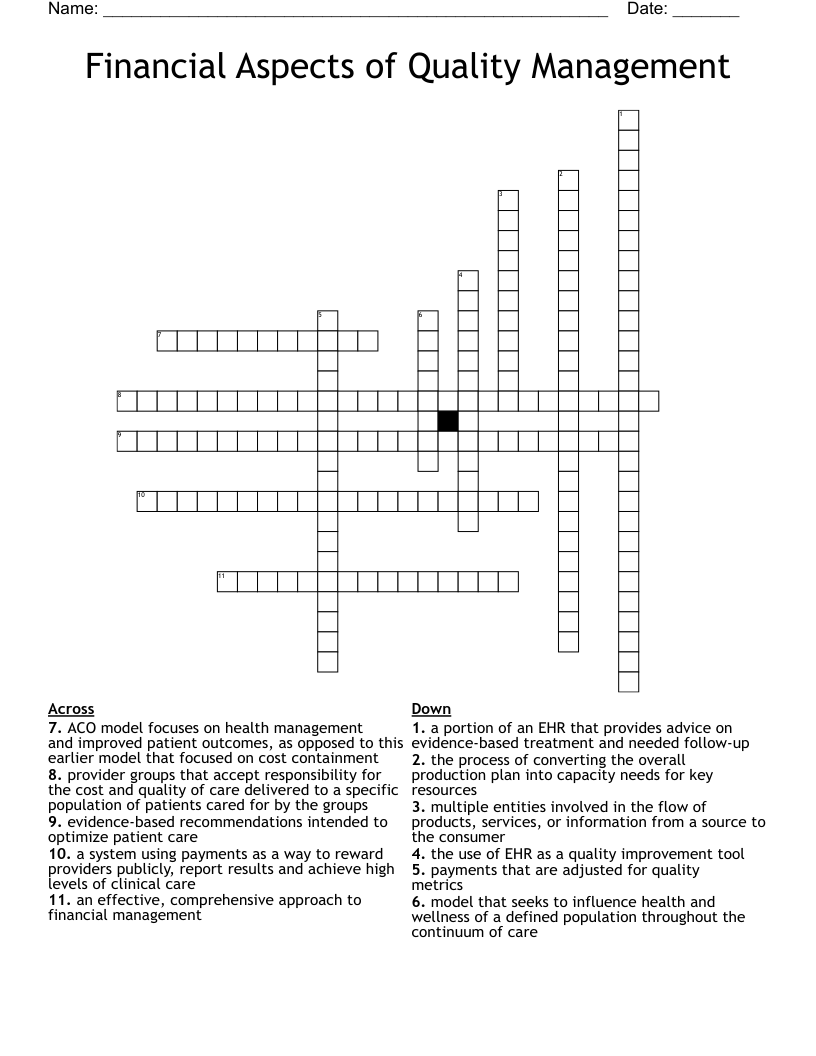 Financial Aspects of Quality Management Crossword