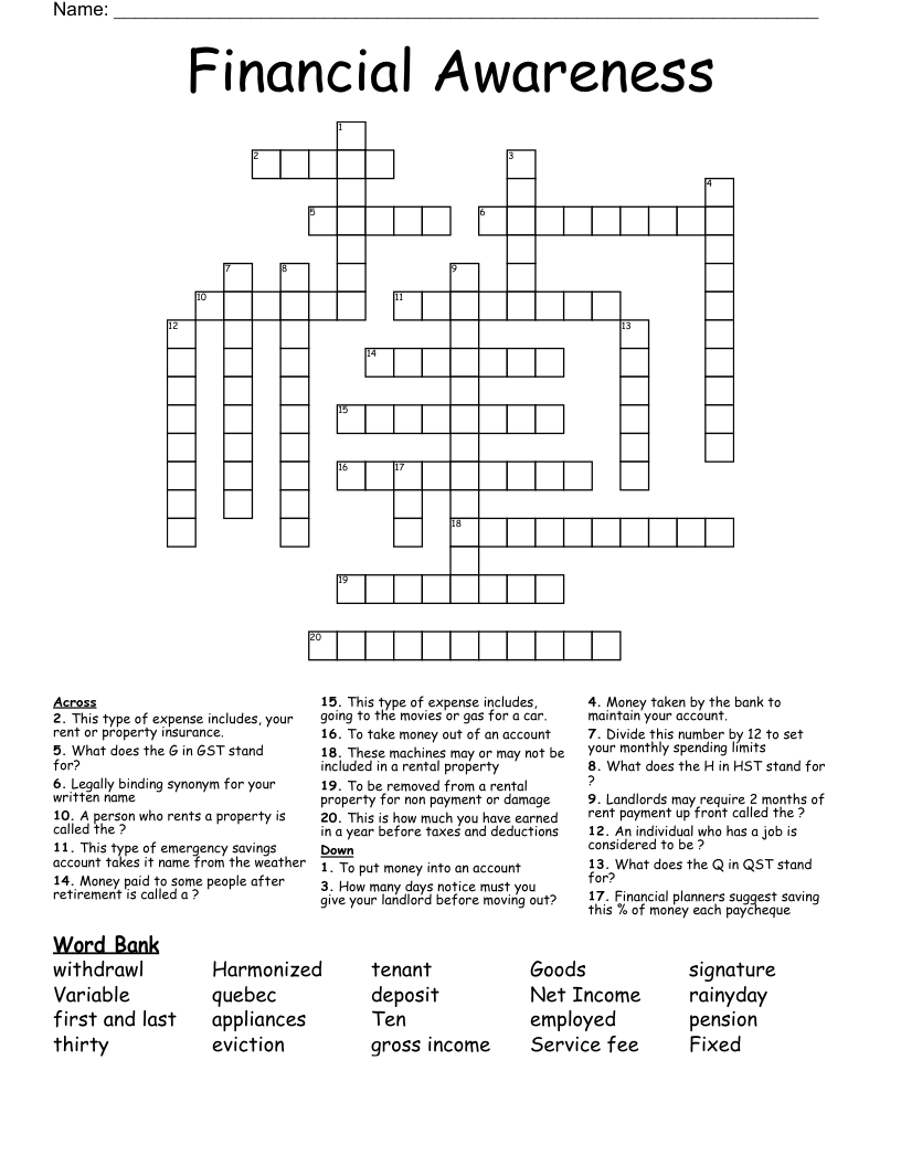 Financial Awareness Crossword