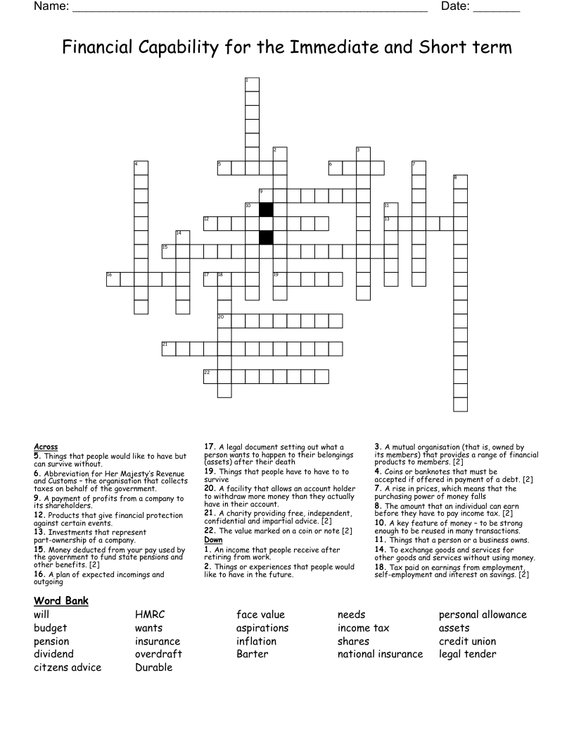 Financial Capability for the Immediate and Short term  Crossword