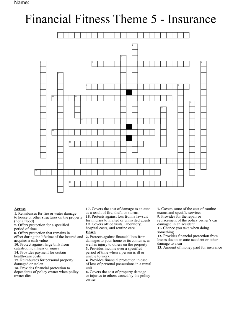 Financial Fitness Theme 5 - Insurance Crossword