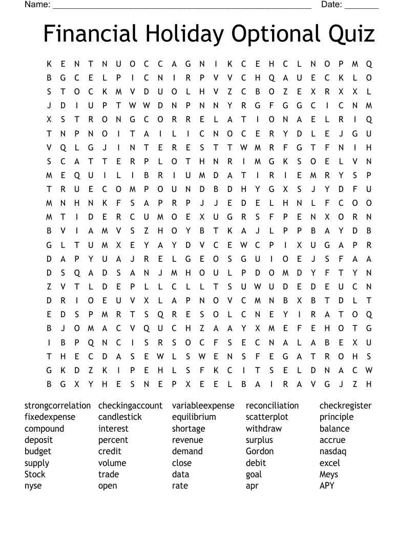 Financial Holiday Optional Quiz Word Search