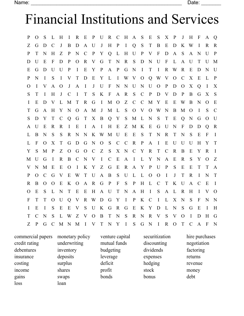 Financial Institutions and Services Word Search