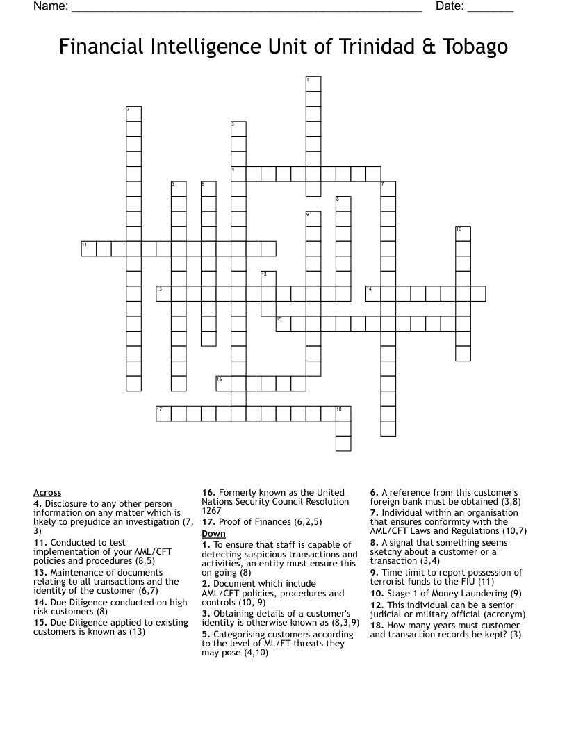 Financial Intelligence Unit of Trinidad & Tobago Crossword