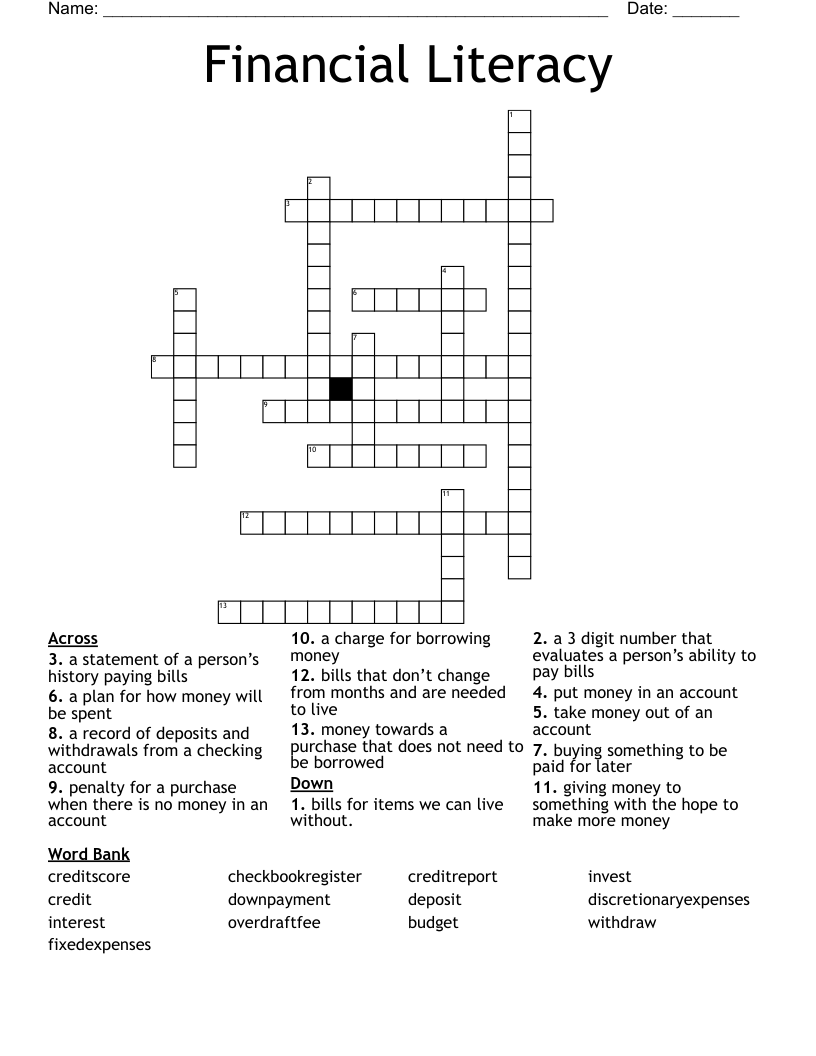 Financial Literacy Crossword