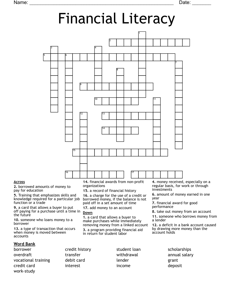 Financial Literacy Crossword