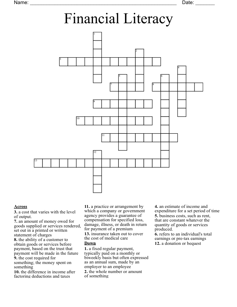 Financial Literacy Crossword