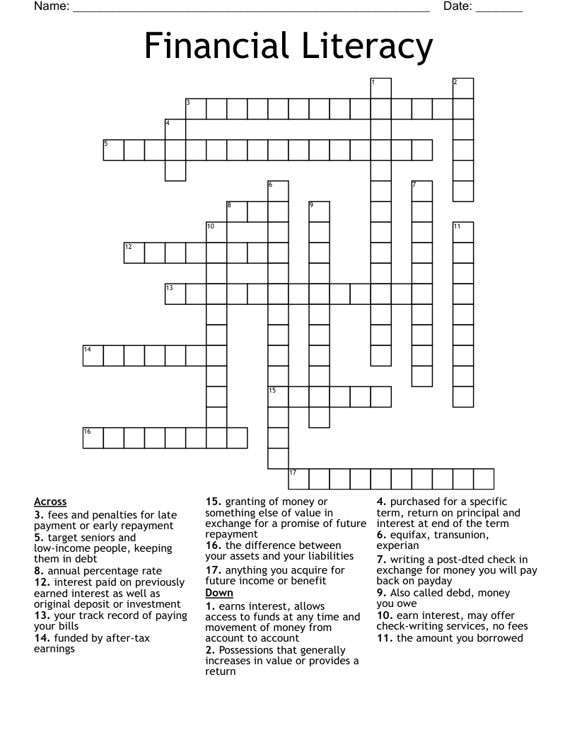 Financial Literacy Crossword