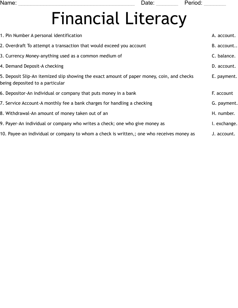 Financial Literacy Worksheet