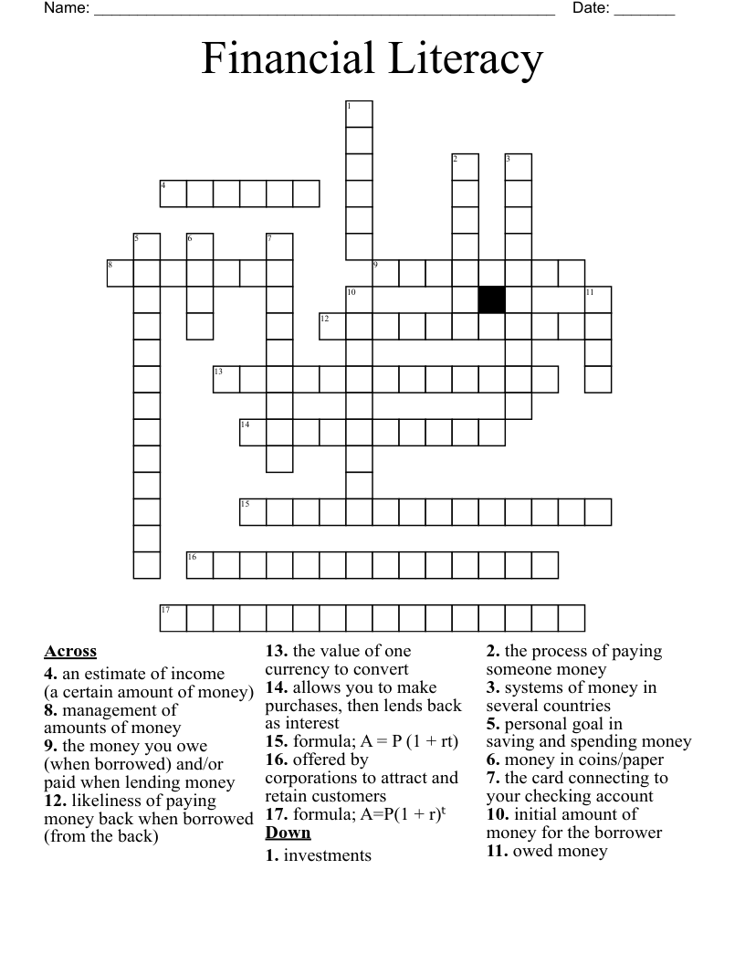 Financial Literacy Crossword