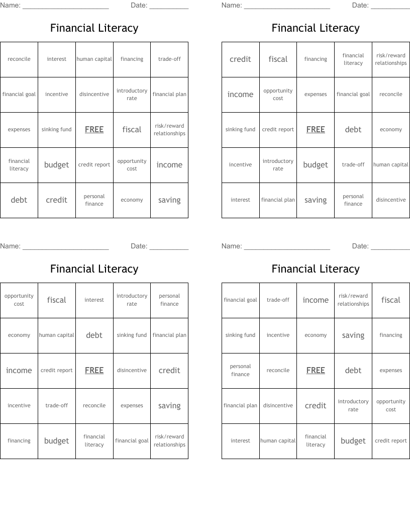 Financial Literacy Bingo Cards