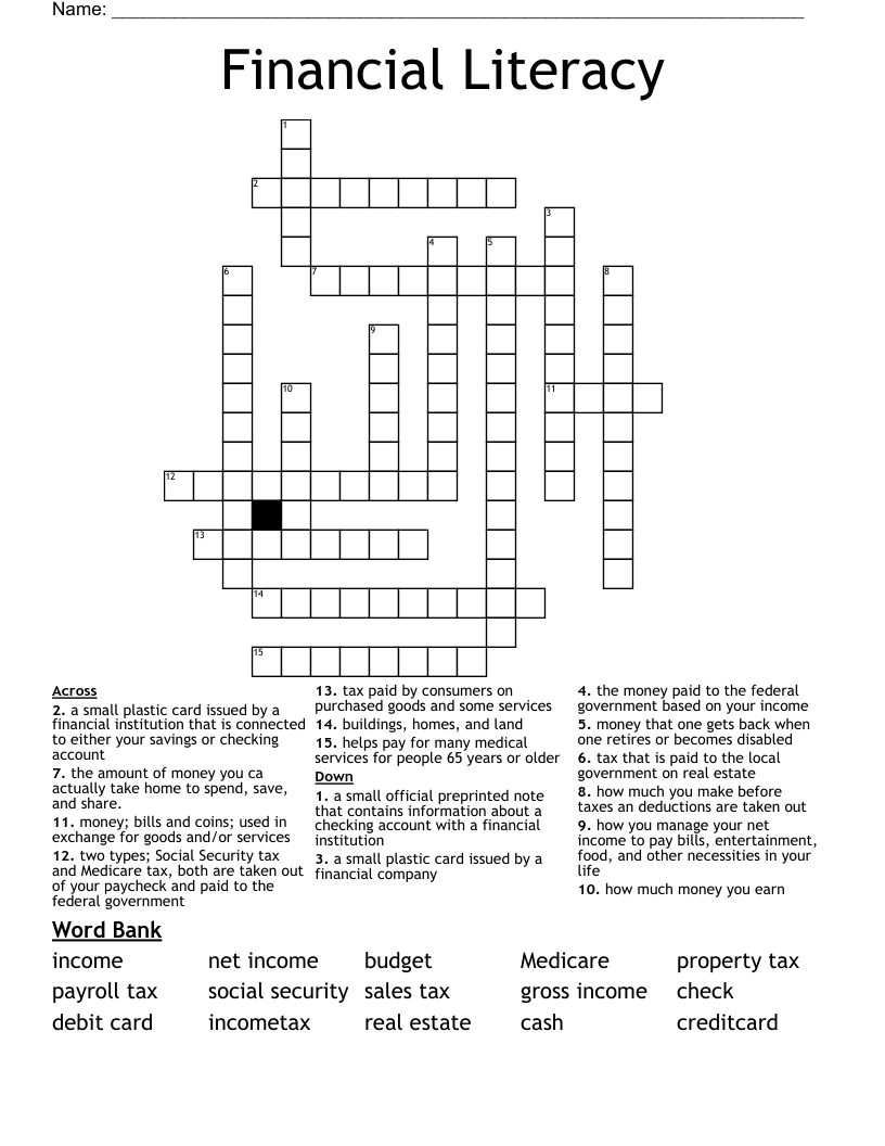 Financial Literacy Crossword