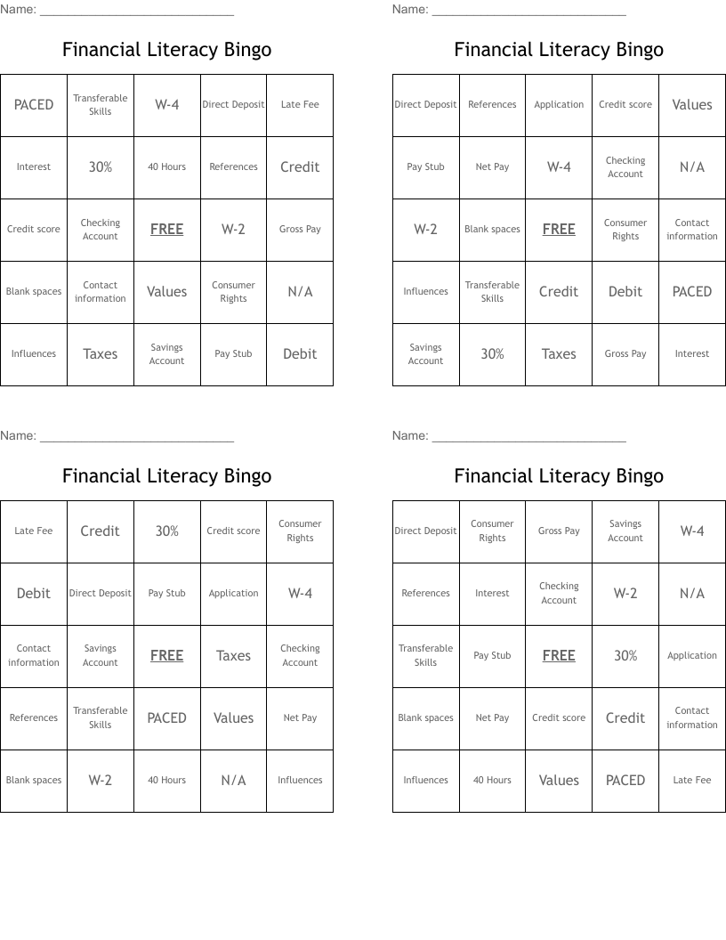 Financial Literacy Bingo
