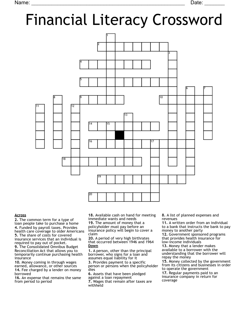 Financial Literacy Crossword